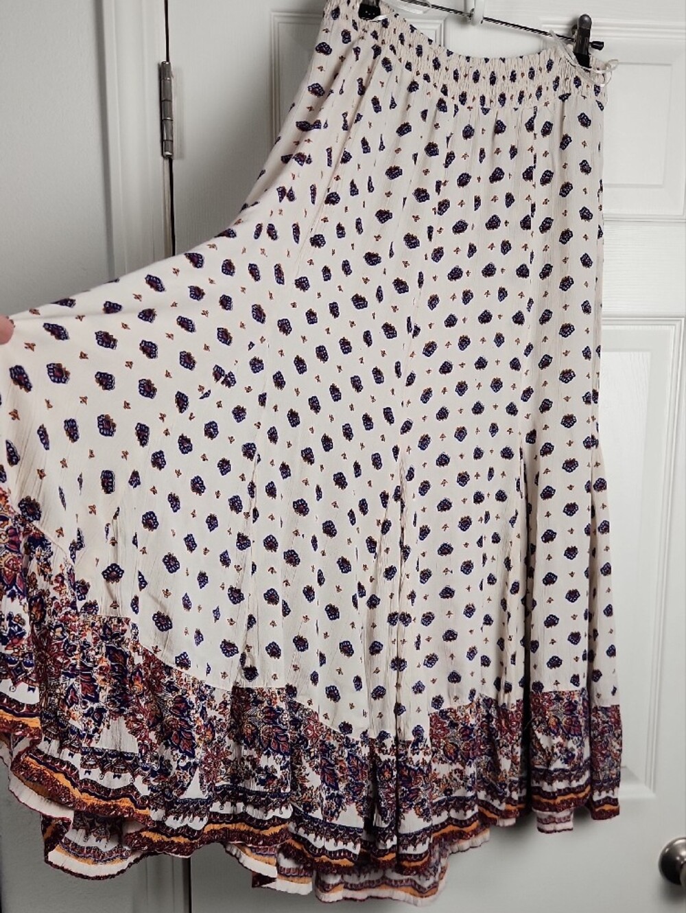 Lola P. Boho Cream Maxi Skirt with Navy & Rust Border Print - Picture 6 of 6